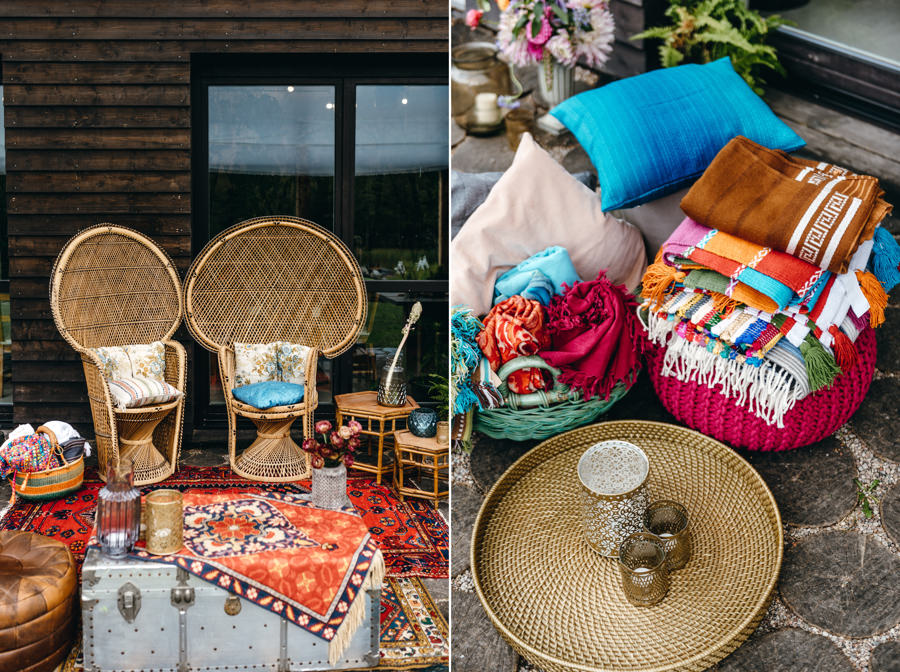 stodoła wszystkich świętych, detale ślubne, pufy, strefa chillout, boho dekoracja