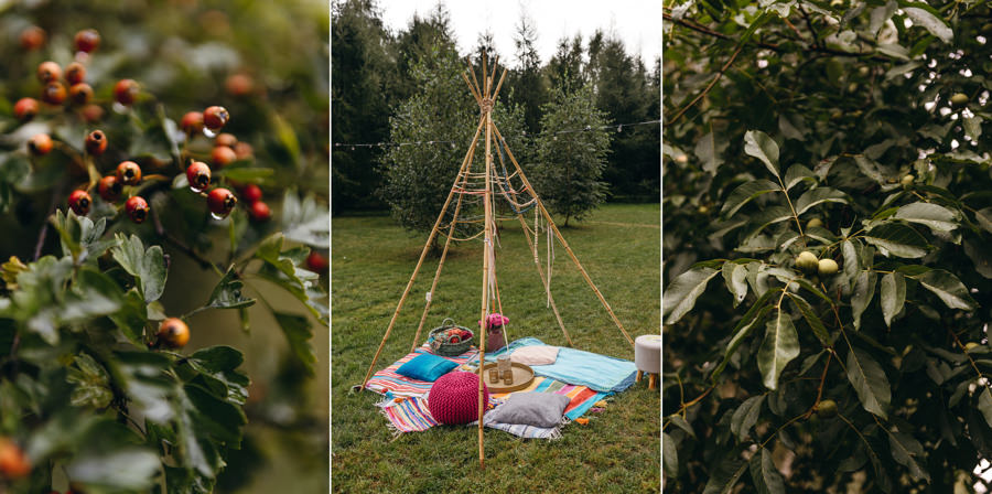 stodoła wszystkich świętych, detale ślubne, pufy, strefa chillout, boho dekoracja