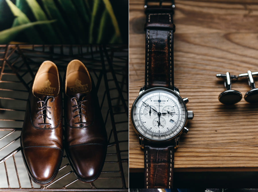buty i zegarek pana młodego, detale ślubne, spinki ślubne