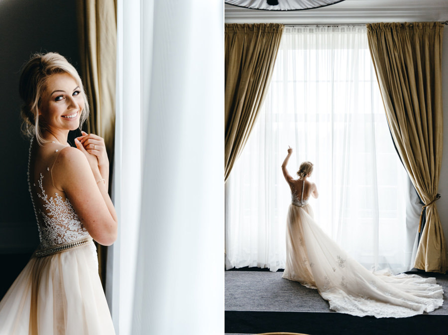 portret panny młodej, piękna suknia ślubna, eleganckie wesele w pałacu goetza