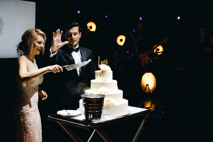 eleganckie wesele w pałacu goetza,, kreatywne światło, wesele w pałącu, fotograf kraków, tort, krojenie tortu, moment decydujący
