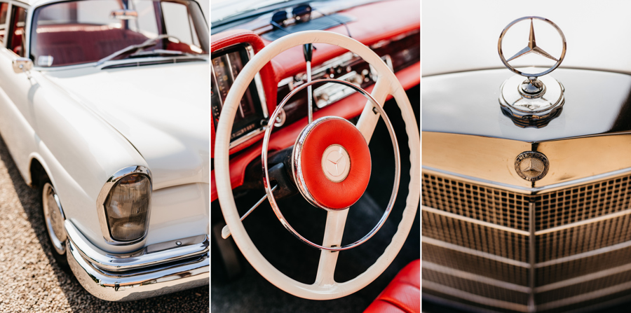 biały mercedes, do ślubu, samochód, retro, czerwona tapicerka, Mercedes W111 detale