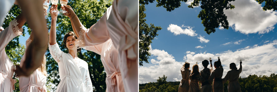 toast z druhnami, toskańskie niebo, ślub we Włoszech, szczęśliwa pani młoda, ślub w Toskanii