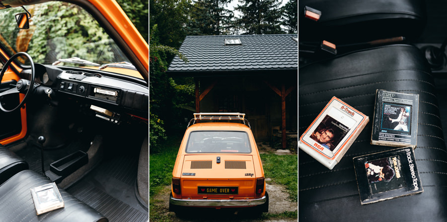 pomarańczowy maluch, zabytek, oldschoolowe auto do ślubu