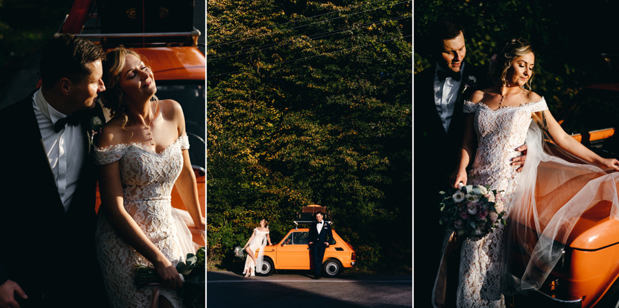 fiat 126p, zachód słońća, fotografia ślubna, portret pary młodej, dwór kociołek wesele złota godzina, sesja w dniu ślubu