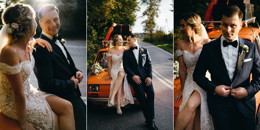 fiat 126p, zachód słońća, fotografia ślubna, portret pary młodej, dwór kociołek wesele złota godzina, sesja w dniu ślubu