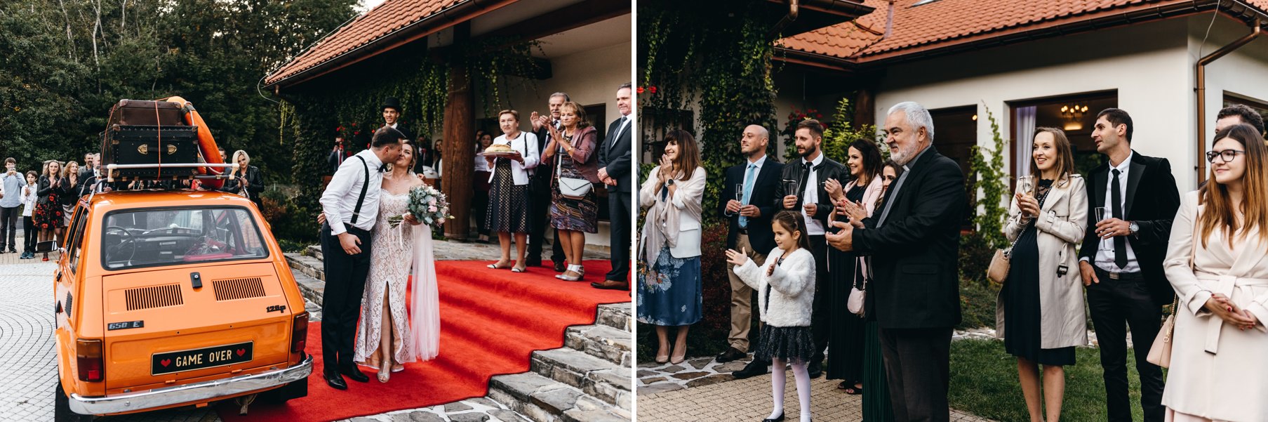 para młoda podjeżdża pod dwór kociołek, wesele w dworze kociołek, przywitanie pary młodej