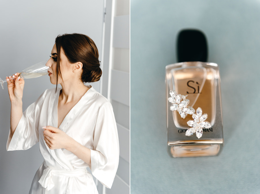 panna młoda pije szampana podczas przygotowań, chill, perfumy panny młodej