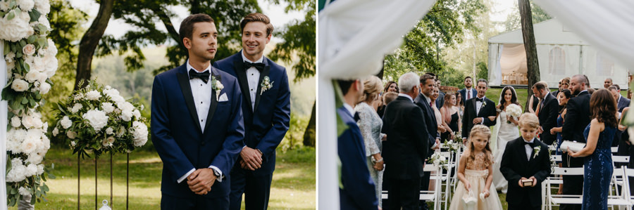 pan młody czeka pod ołtarzem, ceremonia w plenerze, ślub humanistyczny dwór sieraków, ojciec wprowadza pannę młodą