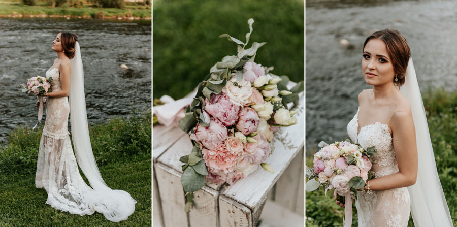 sesja obok Willa Poprad, sesja nad rzeką, plener ślubny w dniu wesela, bukiet ślubny, portret panny młodej