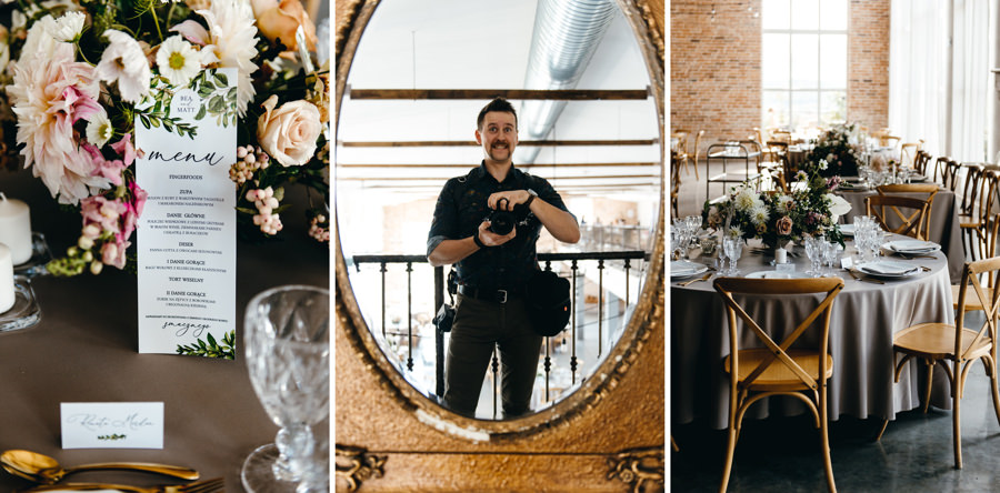 ślub w villa love, piękne wnętrza, rustykalne wnętrze, rustykalne krzesła, papeteria z menu