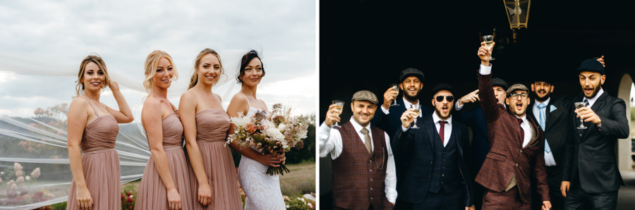 druhny z panną młodą, drużbowe w stylu peaky blinders, kaszkiety, marynarki w kratę