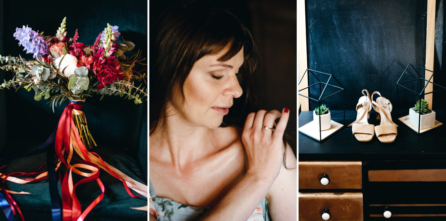 stara kruszarnia, ślub w plenerze, bukiet ślubny, buty panny młodej, portret panny młodej